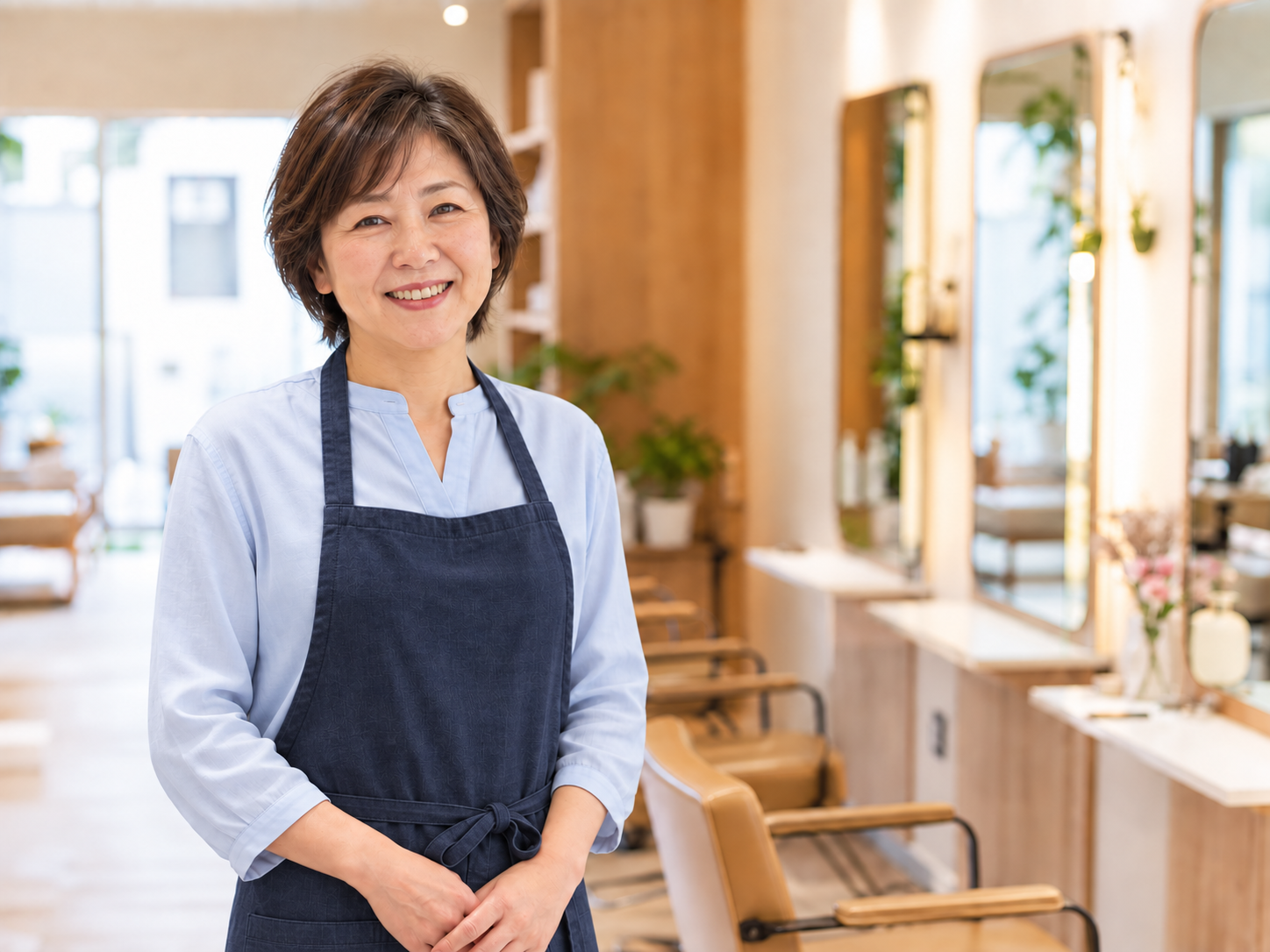 木目調の美容室で微笑む女性オーナー